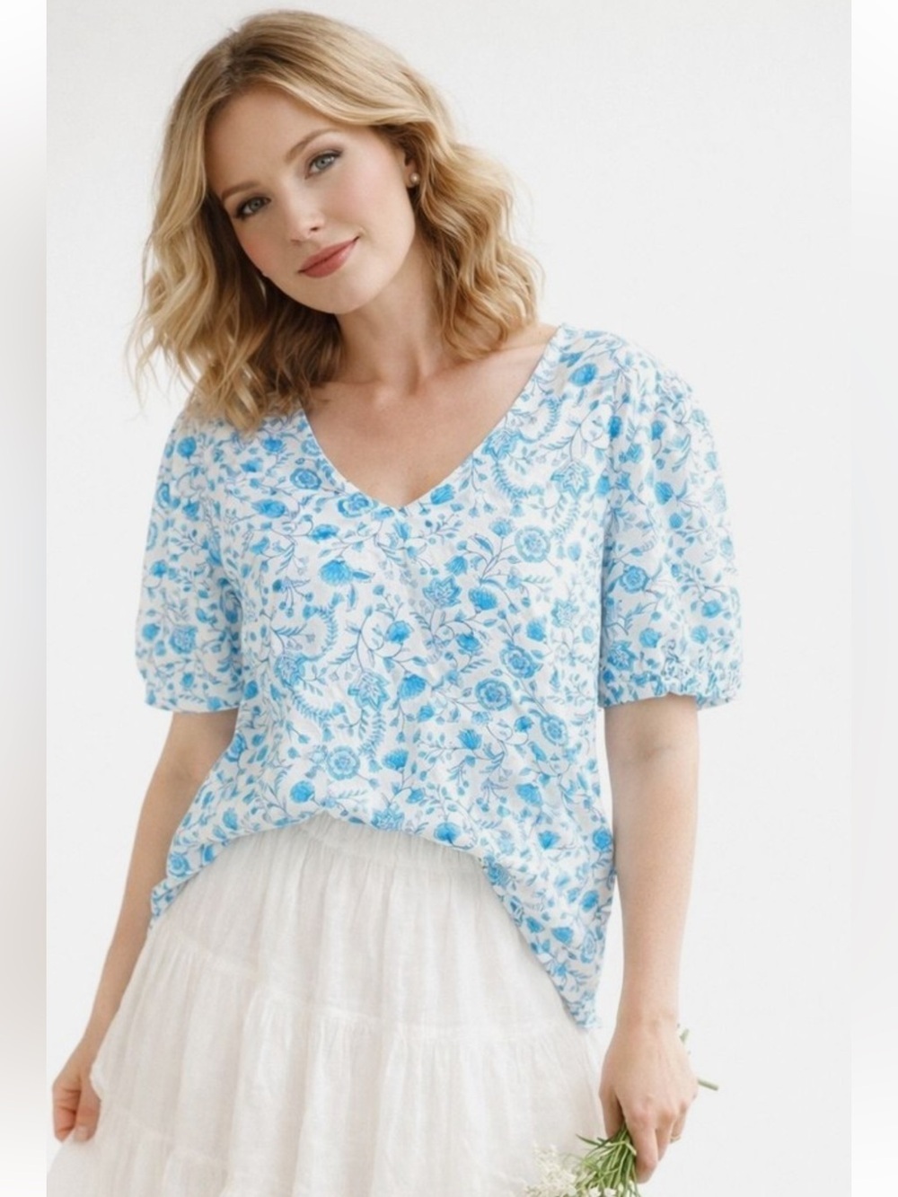 Draper James Blue Floral V-Neck Puff Sleeve Cotton Top - Picture 1 of 9